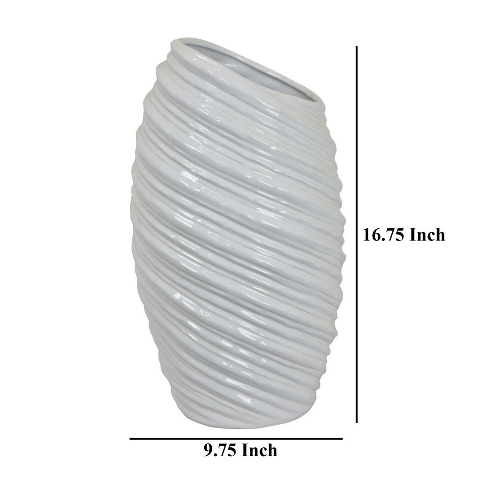Avery Tall Modern Vase, Angled Spiral Design, White Ceramic 17 Inch -BM330169