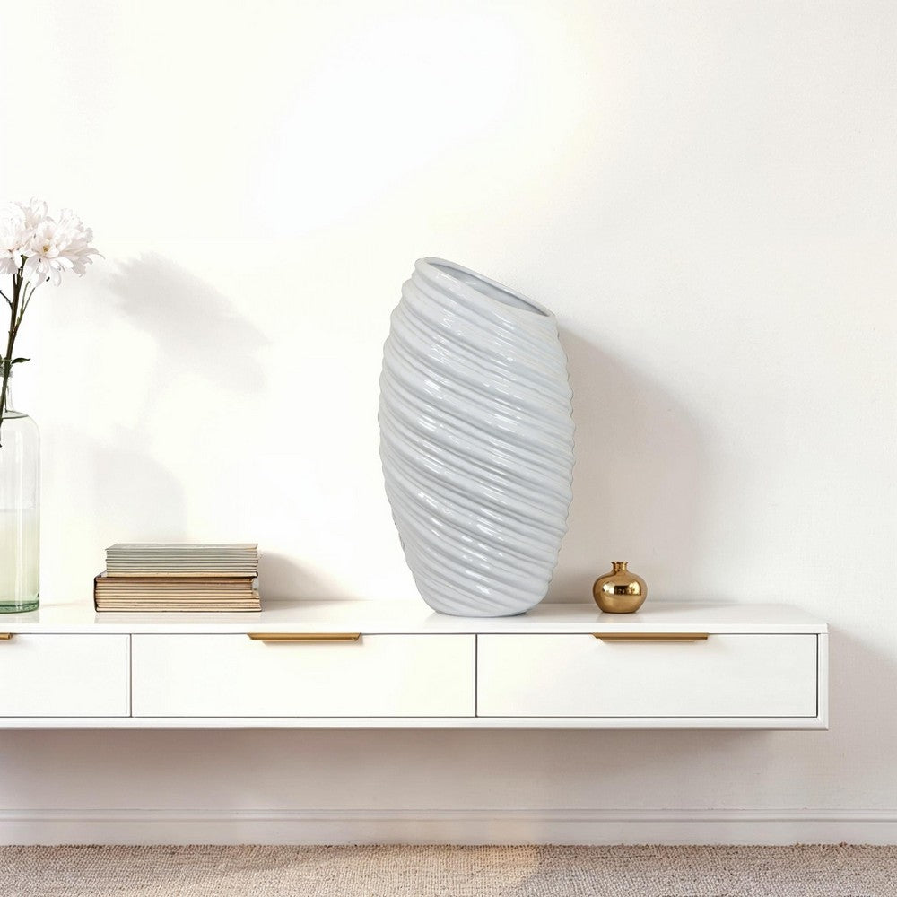 Avery Tall Modern Vase, Angled Spiral Design, White Ceramic 17 Inch -BM330169