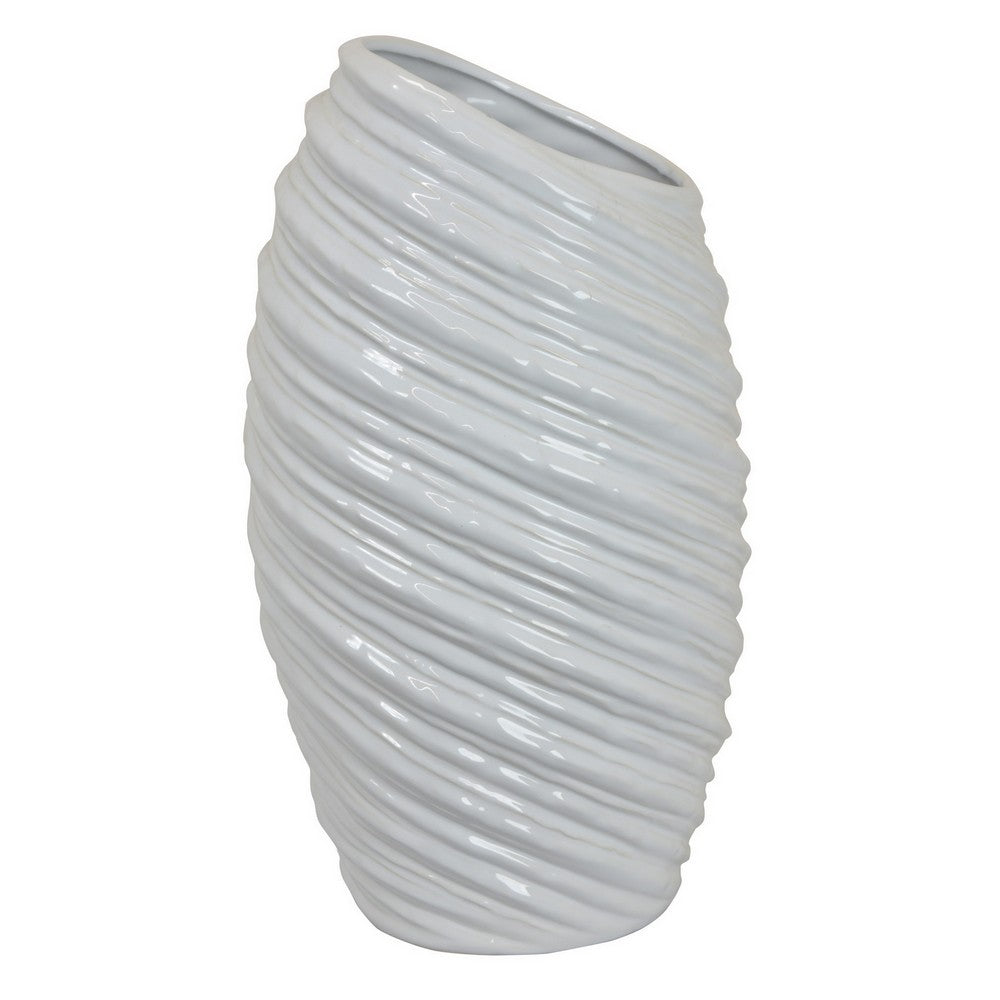 Avery Tall Modern Vase, Angled Spiral Design, White Ceramic 17 Inch -BM330169