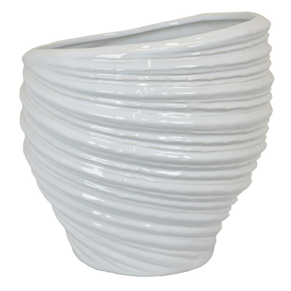 Avery Round Modern Vase, Spiral Turned Design, White Ceramic 17 Inch -BM330170
