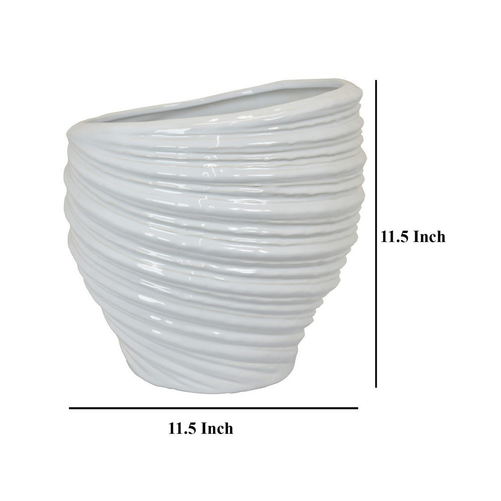 Avery Round Modern Vase, Spiral Turned Design, White Ceramic 17 Inch -BM330170