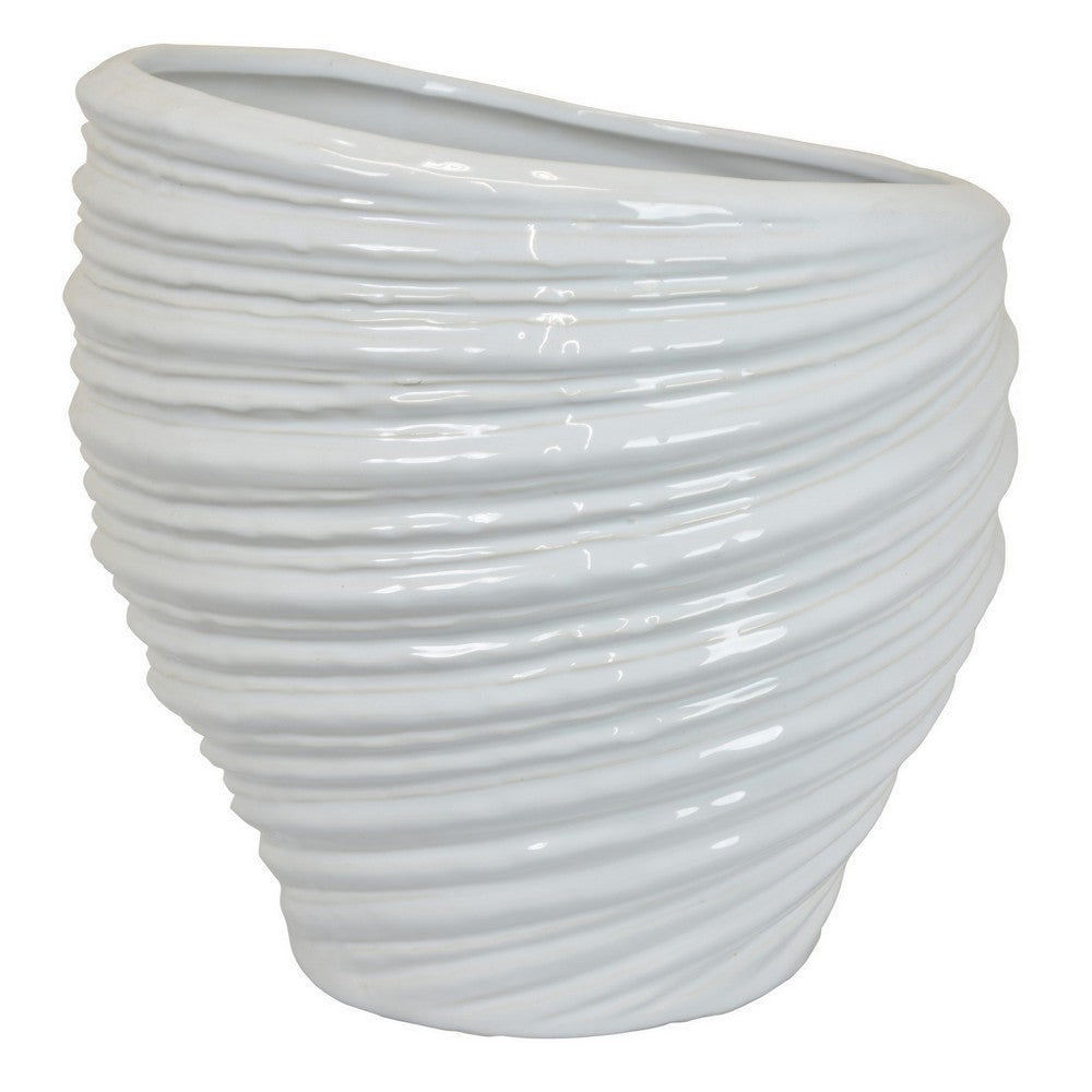 Avery Round Modern Vase, Spiral Turned Design, White Ceramic 17 Inch -BM330170