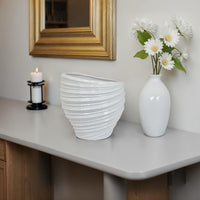 Avery Round Modern Vase, Spiral Turned Design, White Ceramic 17 Inch -BM330170