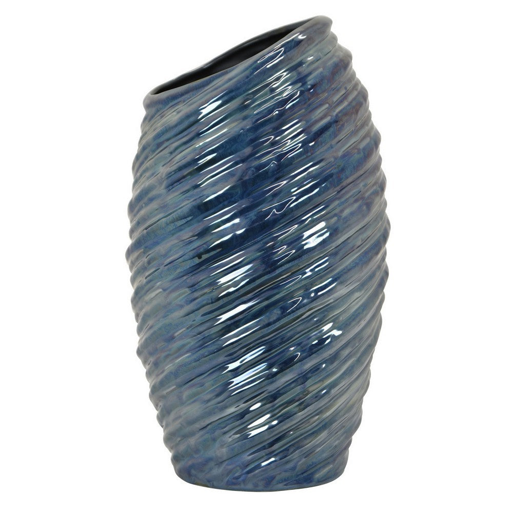 Avery Tall Modern Vase with Angled Spiral Design, Blue Ceramic 17 Inch -BM330171