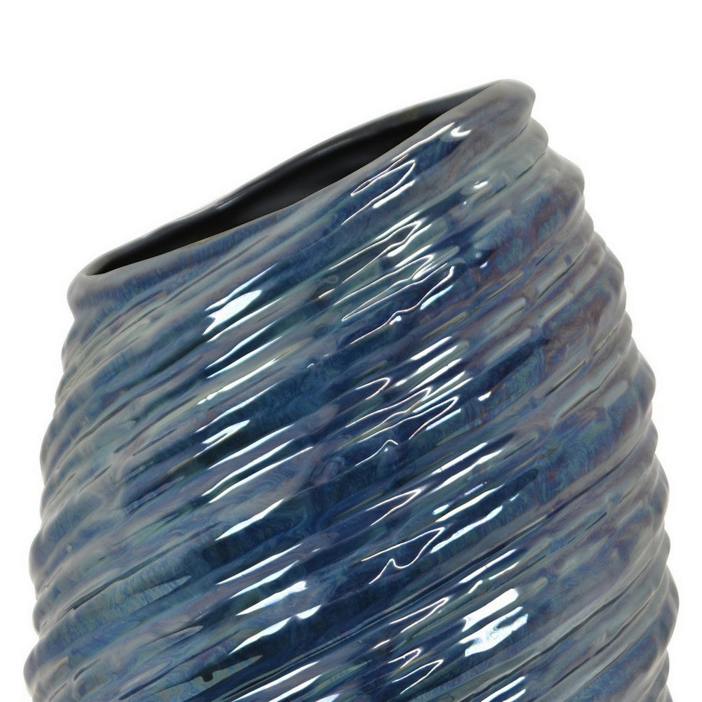Avery Tall Modern Vase with Angled Spiral Design, Blue Ceramic 17 Inch -BM330171