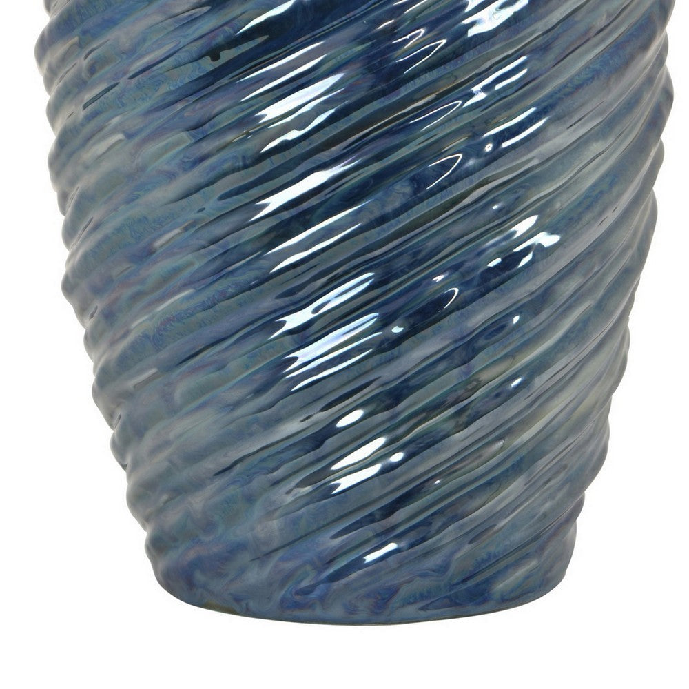 Avery Tall Modern Vase with Angled Spiral Design, Blue Ceramic 17 Inch -BM330171
