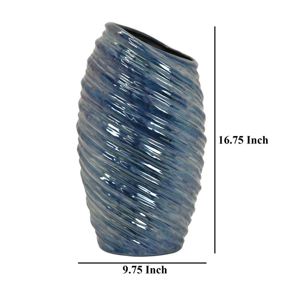Avery Tall Modern Vase with Angled Spiral Design, Blue Ceramic 17 Inch -BM330171