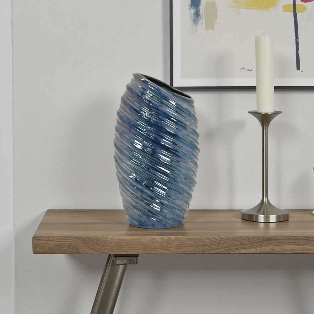 Avery Tall Modern Vase with Angled Spiral Design, Blue Ceramic 17 Inch -BM330171