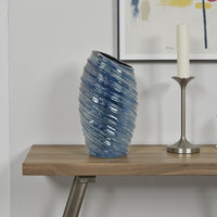 Avery Tall Modern Vase with Angled Spiral Design, Blue Ceramic 17 Inch -BM330171