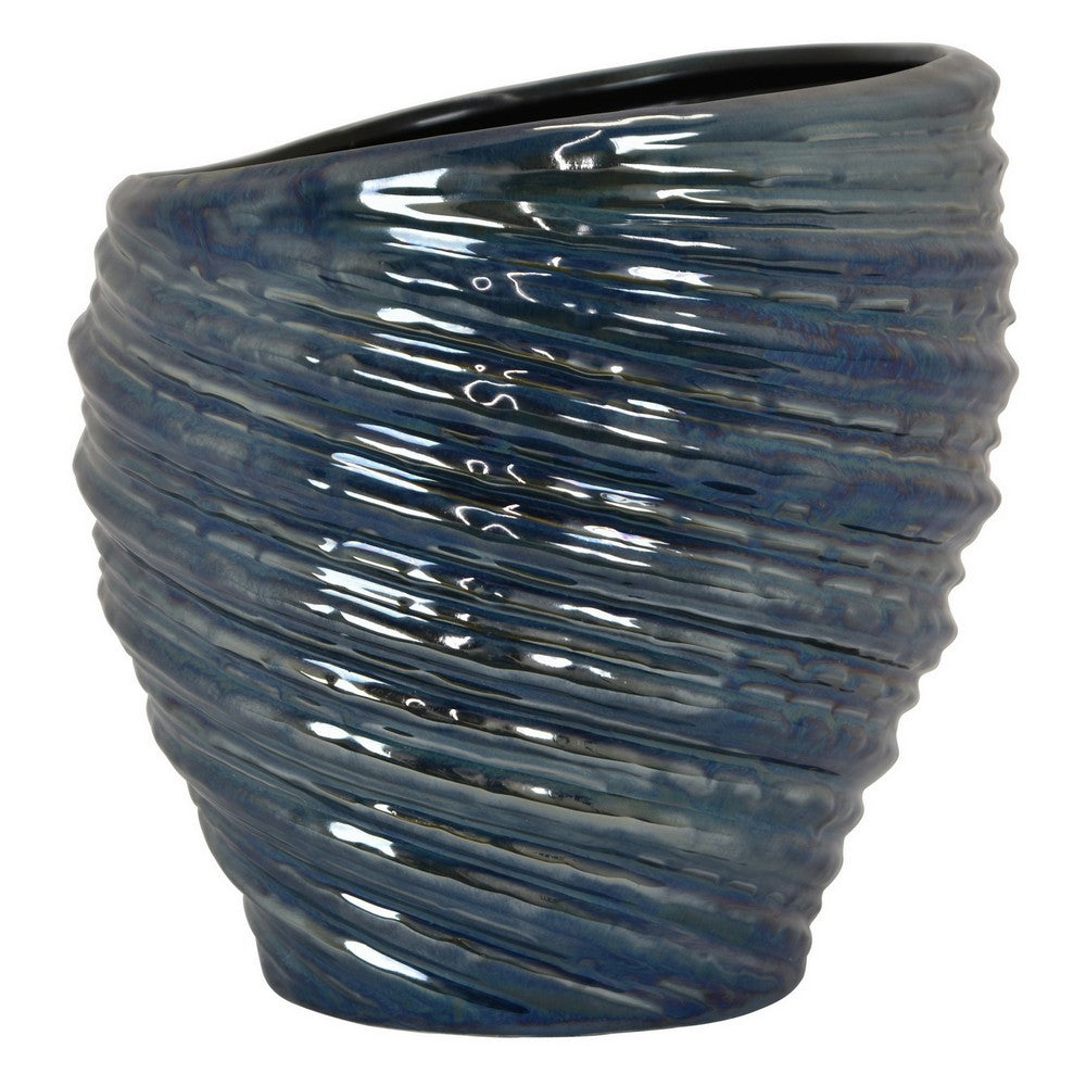 Avery Round Modern Vase, Spiral Turned Design, Blue Ceramic 17 Inch -BM330172