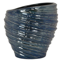 Avery Round Modern Vase, Spiral Turned Design, Blue Ceramic 17 Inch -BM330172