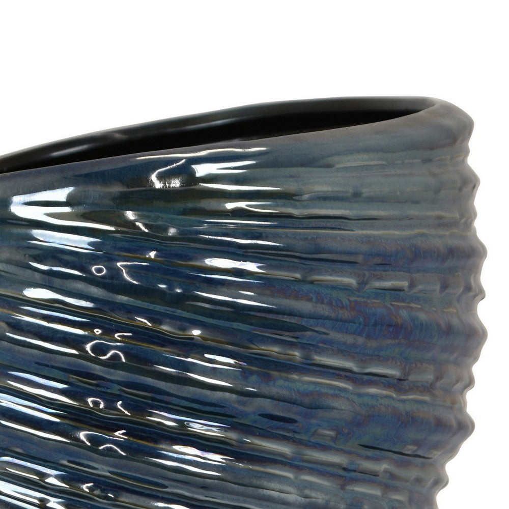 Avery Round Modern Vase, Spiral Turned Design, Blue Ceramic 17 Inch -BM330172
