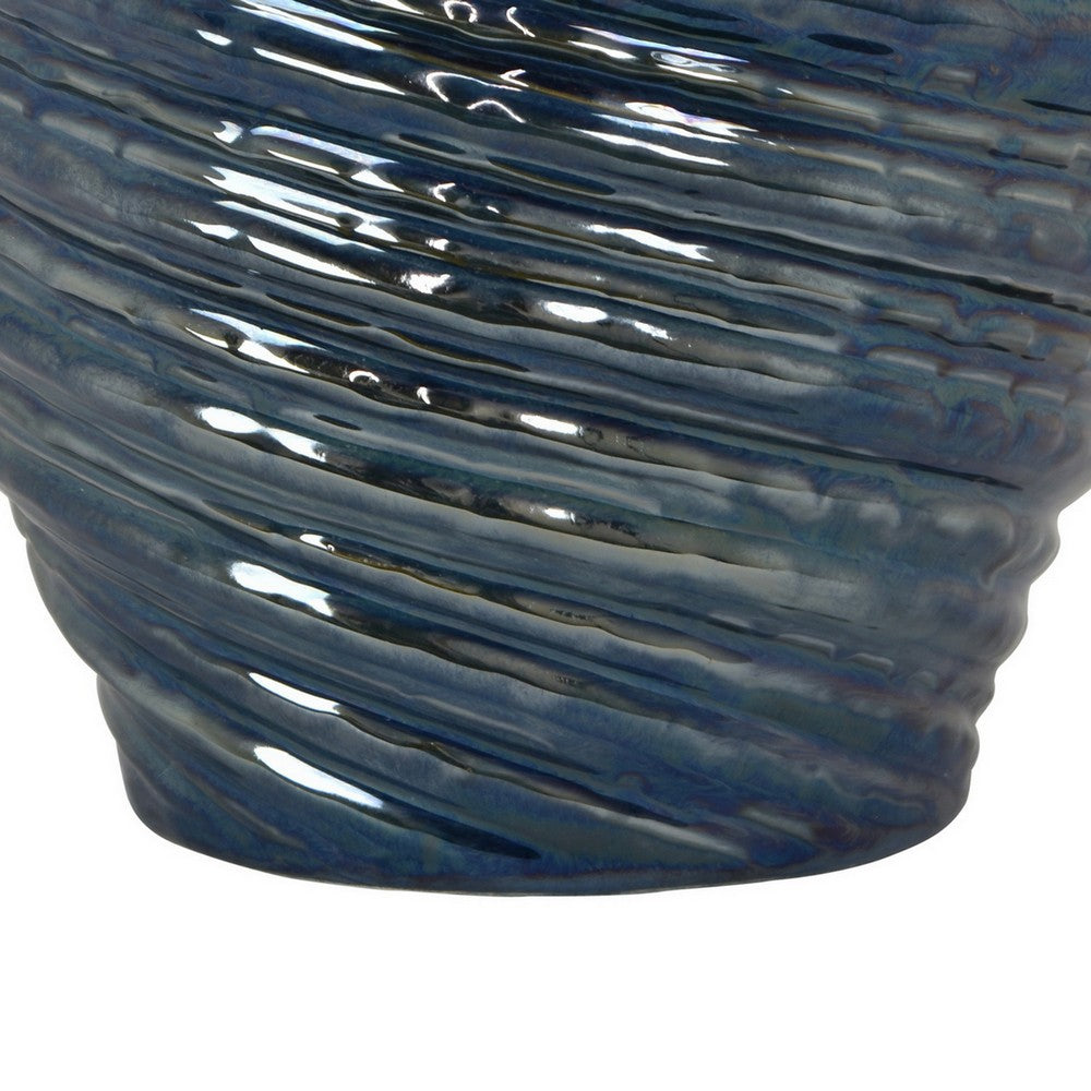 Avery Round Modern Vase, Spiral Turned Design, Blue Ceramic 17 Inch -BM330172