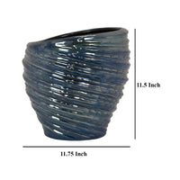 Avery Round Modern Vase, Spiral Turned Design, Blue Ceramic 17 Inch -BM330172