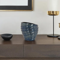 Avery Round Modern Vase, Spiral Turned Design, Blue Ceramic 17 Inch -BM330172