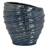 Avery Round Modern Vase, Spiral Turned Design, Blue Ceramic 17 Inch -BM330172