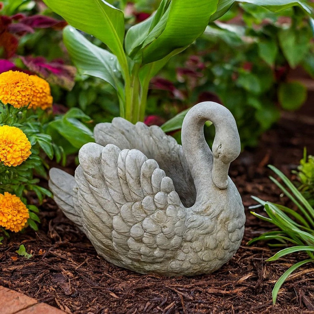 Jina Planter with Swan Sculpted Details, Gray Terracotta 10 Inch -BM330173