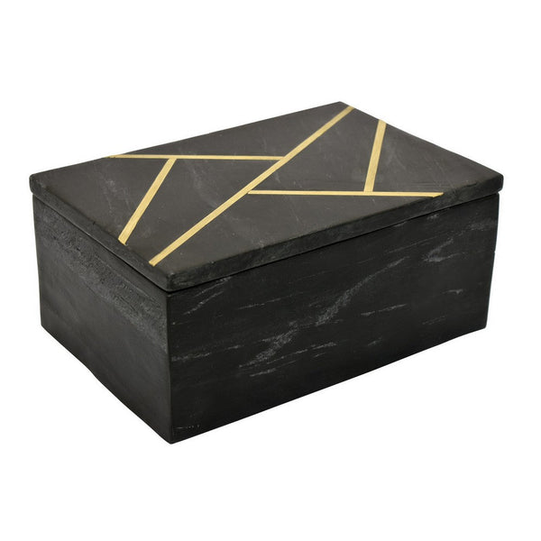 Axel Decorative Storage Box, Gold Geometric Inlay, Black Marble 9 Inch -BM330175