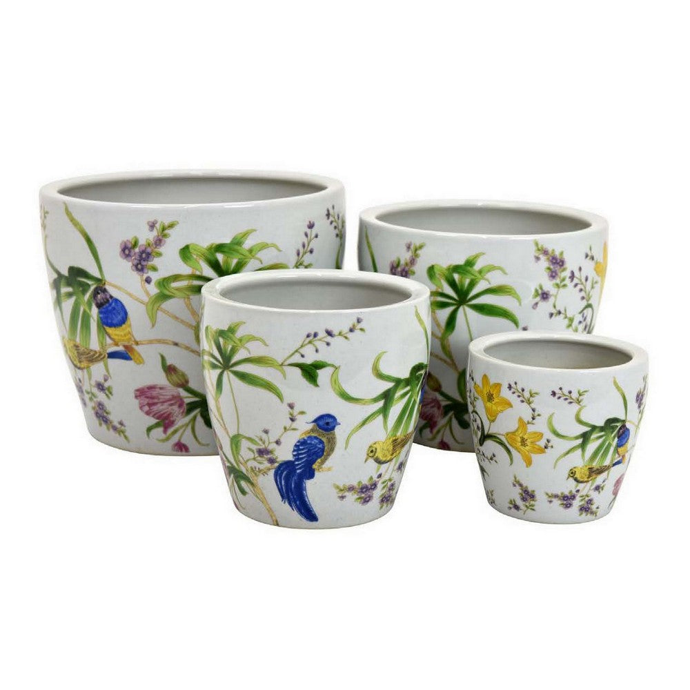 Kerry Planter Pot Set of 4, Floral Bird Pattern, White Green Ceramic -BM330176