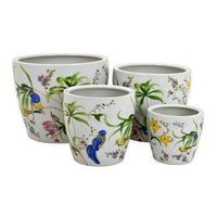 Kerry Planter Pot Set of 4, Floral Bird Pattern, White Green Ceramic -BM330176