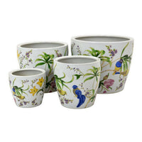 Kerry Planter Pot Set of 4, Floral Bird Pattern, White Green Ceramic -BM330176