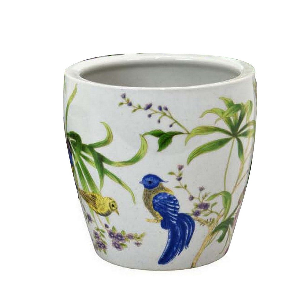 Kerry Planter Pot Set of 4, Floral Bird Pattern, White Green Ceramic -BM330176