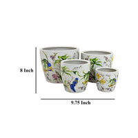 Kerry Planter Pot Set of 4, Floral Bird Pattern, White Green Ceramic -BM330176