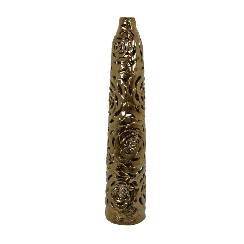 Reky Tall Vase, Rose Cut Floral Patterns, Slim Profile Bronze Ceramic -BM330180
