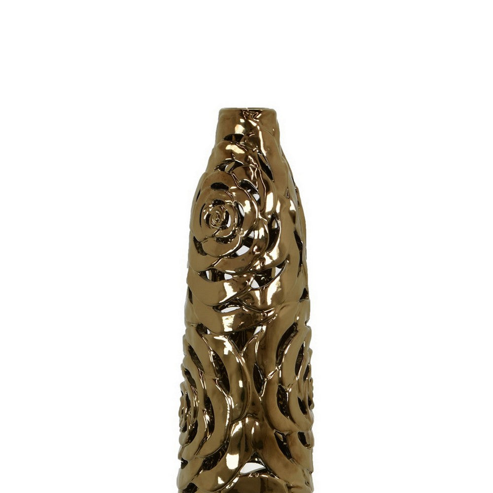Reky Tall Vase, Rose Cut Floral Patterns, Slim Profile Bronze Ceramic -BM330180