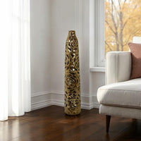 Reky Tall Vase, Rose Cut Floral Patterns, Slim Profile Bronze Ceramic -BM330180