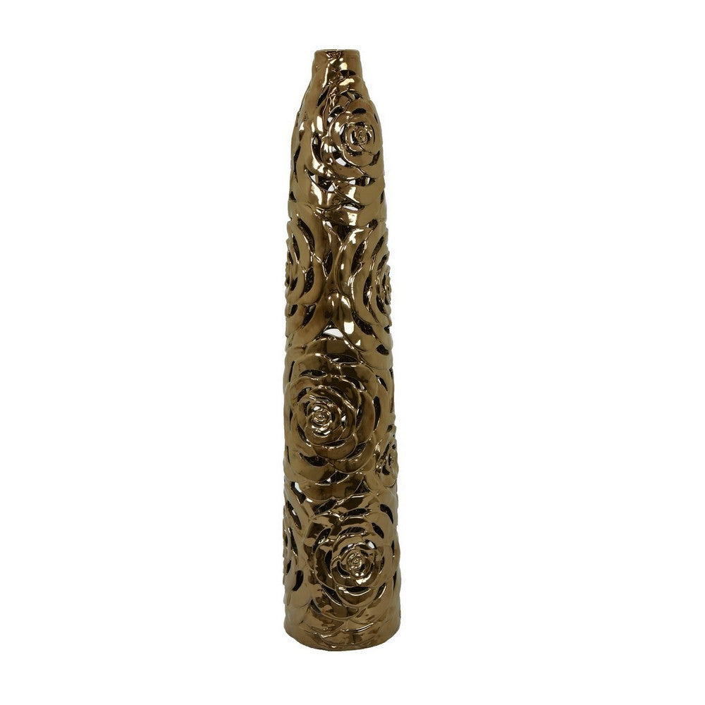 Reky Tall Vase, Rose Cut Floral Patterns, Slim Profile Bronze Ceramic -BM330180
