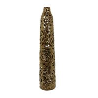 Reky Tall Vase, Rose Cut Floral Patterns, Slim Profile Bronze Ceramic -BM330180