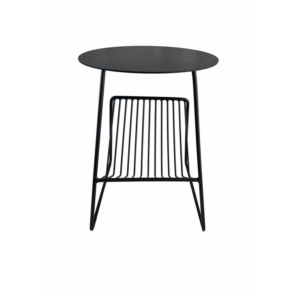 Zeo Side End Table w Magazine Rack, 14 Inch Round Top, Black Metal -BM330202