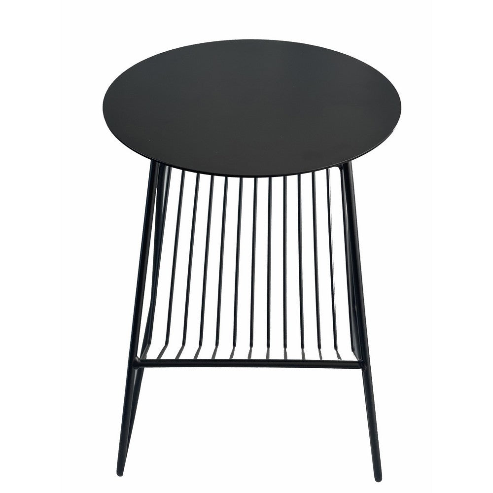 Zeo Side End Table w Magazine Rack, 14 Inch Round Top, Black Metal -BM330202