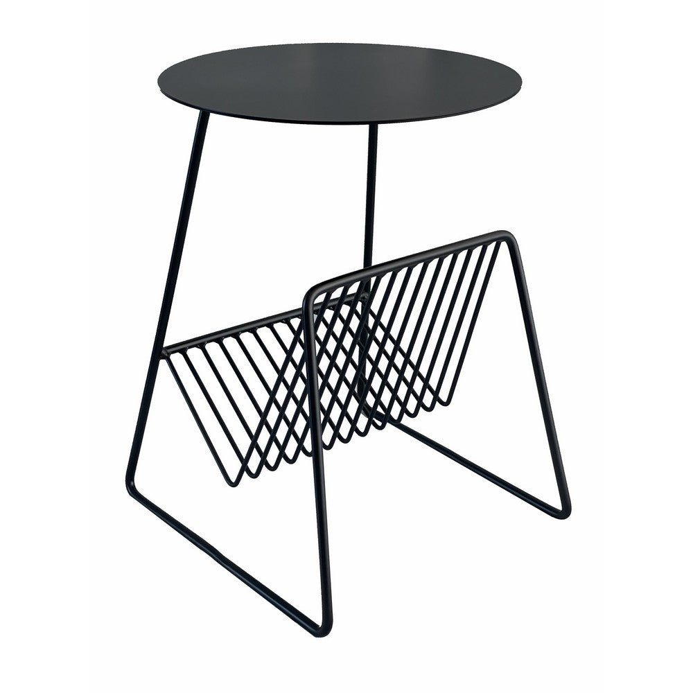 Zeo Side End Table w Magazine Rack, 14 Inch Round Top, Black Metal -BM330202