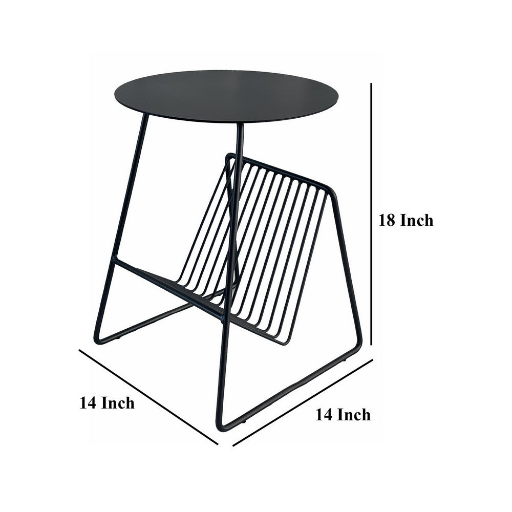 Zeo Side End Table w Magazine Rack, 14 Inch Round Top, Black Metal -BM330202