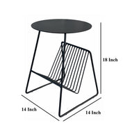 Zeo Side End Table w Magazine Rack, 14 Inch Round Top, Black Metal -BM330202