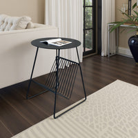 Zeo Side End Table w Magazine Rack, 14 Inch Round Top, Black Metal -BM330202
