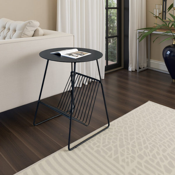 Zeo Side End Table w Magazine Rack, 14 Inch Round Top, Black Metal -BM330202