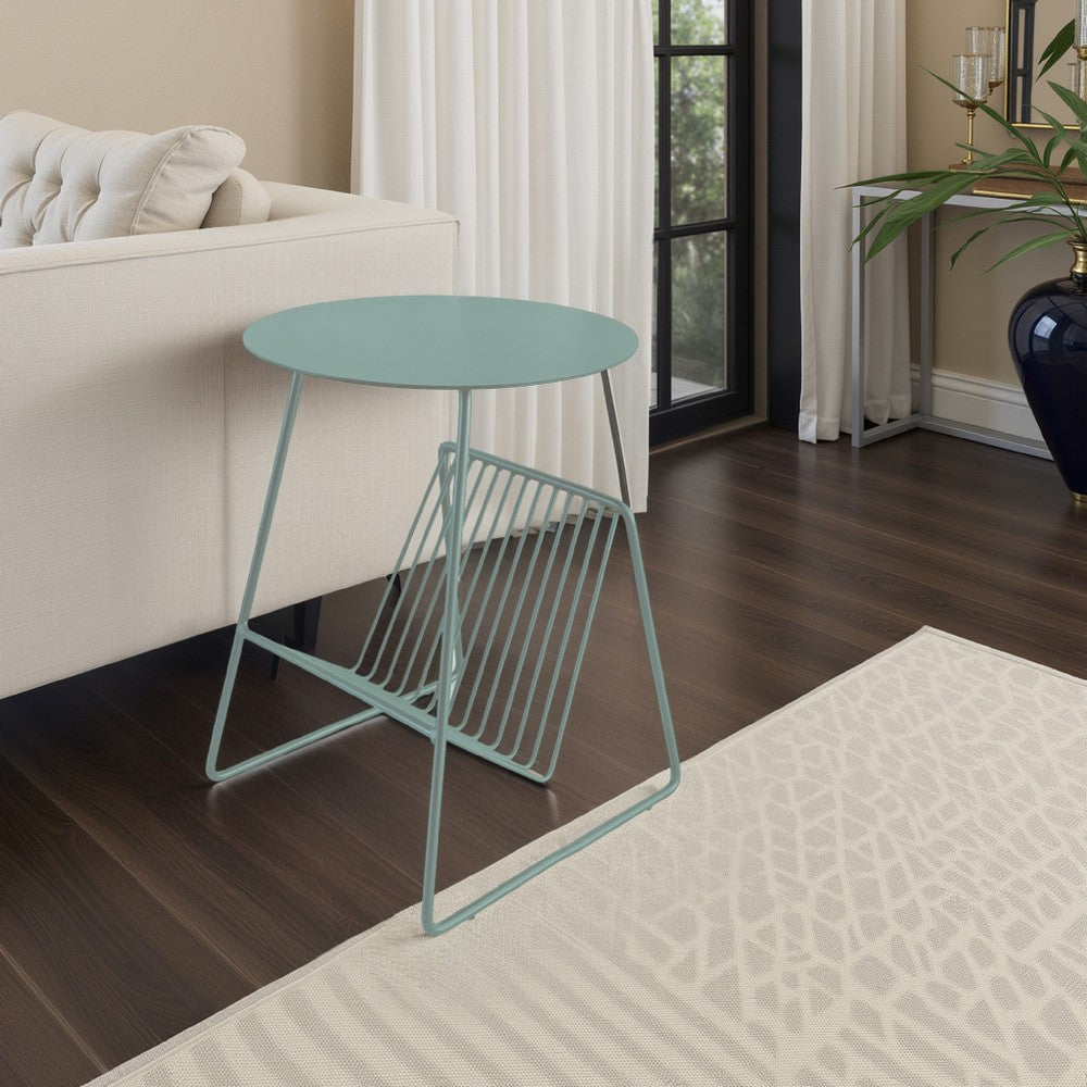 Zeo Side End Table w Magazine Rack, 14 Inch Round Top, Sage Green  -BM330203