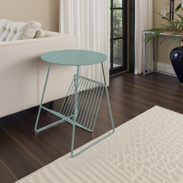 Zeo Side End Table w Magazine Rack, 14 Inch Round Top, Sage Green  -BM330203