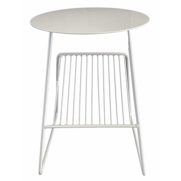 Zeo Side End Table w Magazine Rack, 14 Inch Round Top, White Metal -BM330204