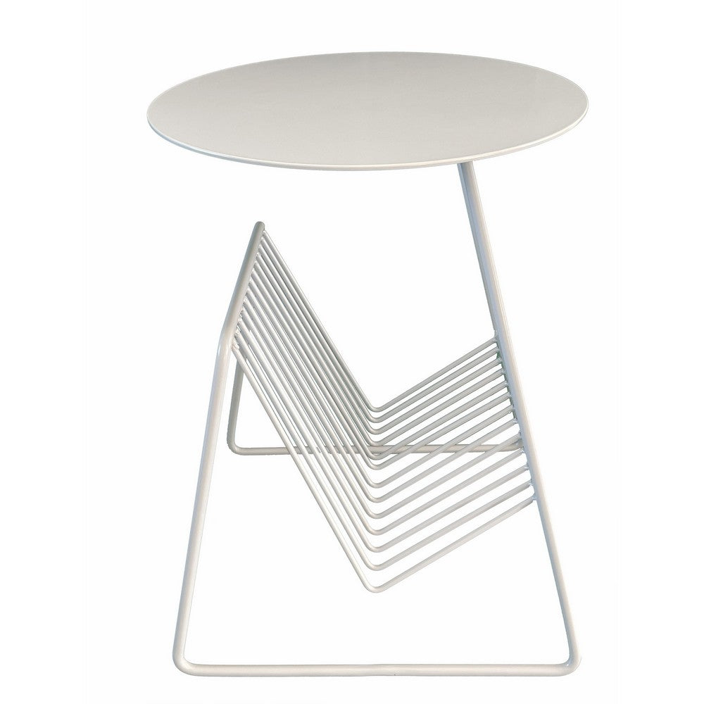 Zeo Side End Table w Magazine Rack, 14 Inch Round Top, White Metal -BM330204