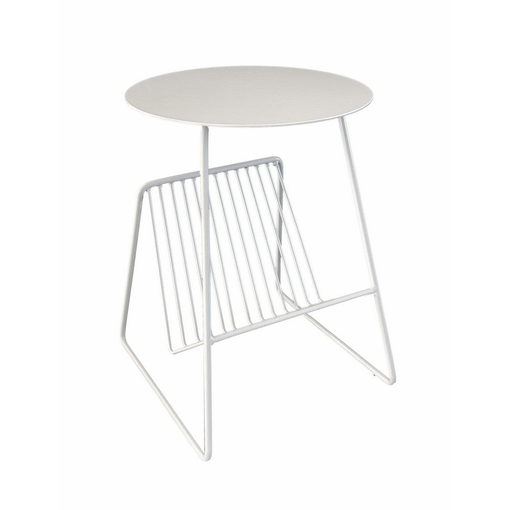 Zeo Side End Table w Magazine Rack, 14 Inch Round Top, White Metal -BM330204