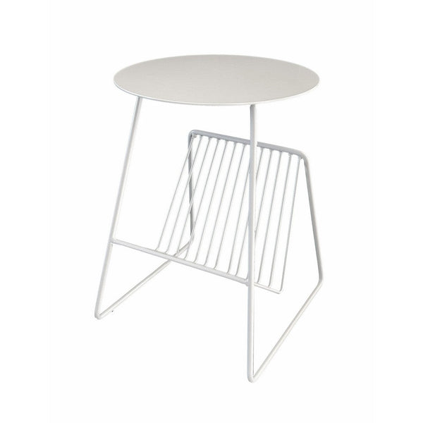 Zeo Side End Table w Magazine Rack, 14 Inch Round Top, White Metal -BM330204