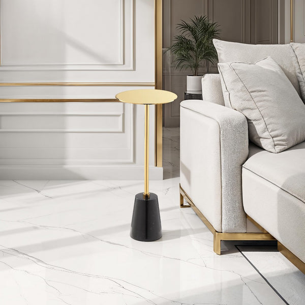 Sen Side End Drink Table, Gold Metal Round Top w Black Marble Base -BM330209