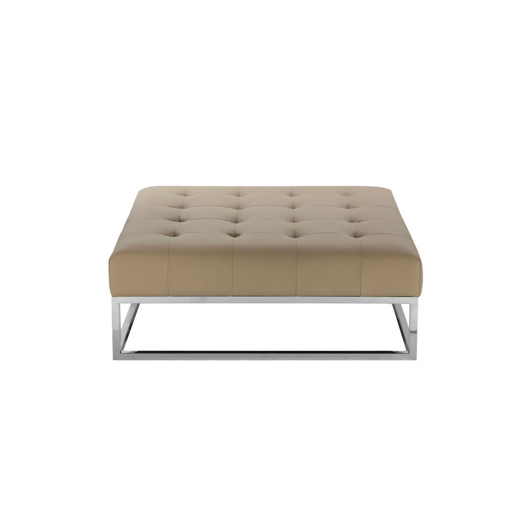 Ipp Ottoman, 40 Inch Square Tufted Beige Faux Leather, Chrome Steel -BM330215