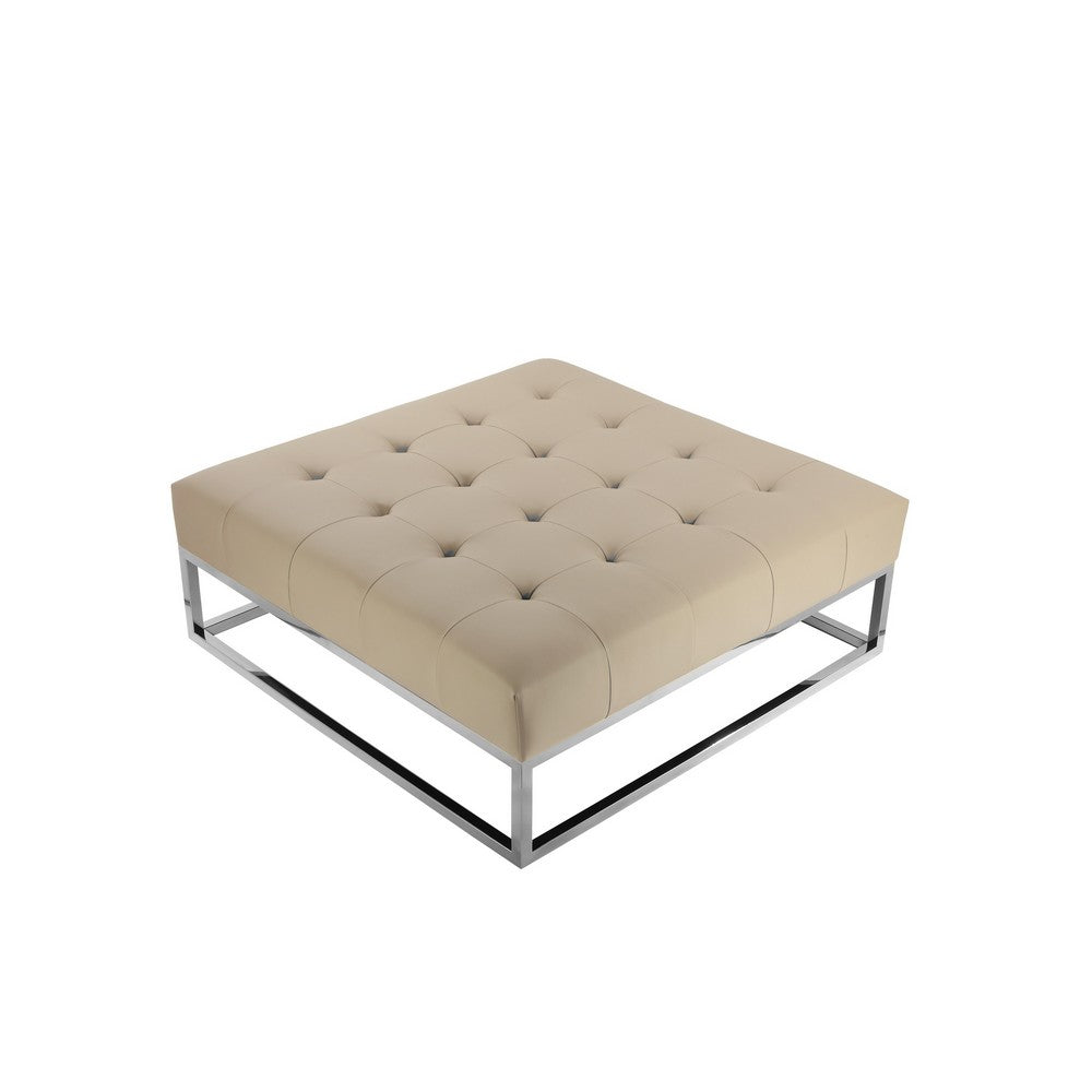 Ipp Ottoman, 40 Inch Square Tufted Beige Faux Leather, Chrome Steel -BM330215