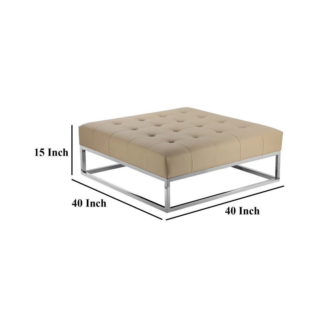 Ipp Ottoman, 40 Inch Square Tufted Beige Faux Leather, Chrome Steel -BM330215