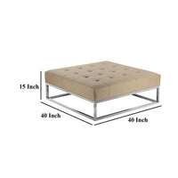 Ipp Ottoman, 40 Inch Square Tufted Beige Faux Leather, Chrome Steel -BM330215
